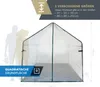 A greenhouse tent shown with silhouettes of people for scale, and dimensional information. Produktbild-Vorschau