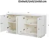 A diagram showing the dimensions of a white sideboard with its doors open. Anteprima dell’immagine prodotto