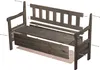 An exploded view of a wooden storage bench, showing its components and assembly hardware. Voir les images du produit