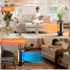 A split image showing a heater in use in two different seasons. The top half shows a woman on a couch in a living room with the heater emitting orange heat waves, labeled 'Winter'. The bottom half shows a person sleeping in a bed with the heater emitting b Produktbild-Vorschau