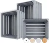 Three grey wooden crates of varying sizes are stacked and arranged in a studio setting against a white background. Produktbild-Vorschau