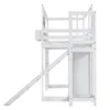 A white wooden loft bed with a slide and a small closet. Produktbild-Vorschau