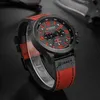 A close-up shot of a men's wristwatch with a black case and red leather strap. Produktbild-Vorschau