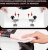 The top part of the image shows a toilet seat being detached with arrows indicating movement. The bottom part shows a hand cleaning the toilet seat with a cloth. Produktbild-Vorschau