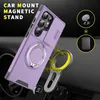 A purple phone case with a ring stand is shown attached to a car mount, magnetically connected to a car dashboard. Náhled obrázku produktu