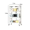 A white four-tier kitchen cart with various kitchen appliances and cookware on its shelves, with dimensions indicated. Produktbild-Vorschau