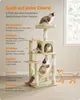 A cat tree with multiple levels and features, shown with cats interacting with it, and text describing its benefits. Produktbild-Vorschau