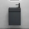 A modern bathroom vanity set with a mineral cast sink and a wall-mounted cabinet in matte anthracite, set against a textured gray wall. Produktbild-Vorschau