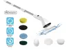 A white electric cleaning brush with a telescopic handle and multiple attachments, displayed against a white background with feature icons. Voir les images du produit