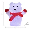 A white acrylic polar bear figurine with a red scarf and red mittens, illuminated by internal lights, is shown against a white background. Dimensions are indicated by measurement lines and text. Anteprima dell’immagine prodotto