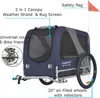 A dog trailer for bicycles with various features highlighted by text labels. Produktbild-Vorschau
