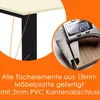 Close-up of a table corner with a caliper measuring the thickness of the material and edge banding, with text describing the product's construction. Náhľad obrázku produktu