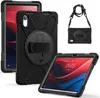 A collage of images showing a black tablet case with a stand and a detachable strap, along with a tablet inside a case. Produktbild-Vorschau