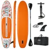 A collection of items for a stand-up paddleboard set, including the board from multiple angles, a paddle, a pump, a leash, and a carrying bag.