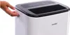 A hand is shown pulling a handle on the side of a white dehumidifier. Produktbild-Vorschau