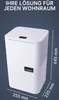 A white dehumidifier is shown against a dark gray background, with dimensions indicated by lines and text. Produktbild-Vorschau