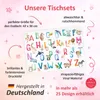 A marketing image showcasing a children's placemat with an alphabet design and various animals, with text highlighting its features and origin. Náhled obrázku produktu