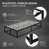 A black metal bed frame with a slatted wooden base, shown from a diagonal angle on a dark gray background. Callouts highlight features like the slatted frame, sturdy construction, and floor protectors. Produktbild-Vorschau