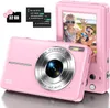 A pink digital camera with accessories (SD card and batteries) displayed in a collage format. Produktbild-Vorschau
