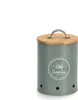 A grey metal garlic keeper with a bamboo lid and a circular graphic on the front. Produktbild-Vorschau