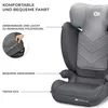 A close-up view of a gray child car seat with text overlays highlighting its features. Podgląd zdjęcia produktu
