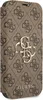 A close-up studio shot of a brown Guess phone case with a repeating logo pattern and a prominent Guess logo. Anteprima dell’immagine prodotto