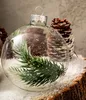 A close-up of a clear glass Christmas ornament filled with a pine sprig, resting on a snowy surface with pinecones in the background. Podgląd zdjęcia produktu
