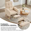 A beige rocking chair with an extended footrest is shown in a living room setting, next to a small wooden coffee table. Voir les images du produit