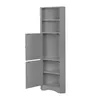 A gray corner cabinet with two doors open, revealing shelves inside. Voir les images du produit