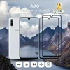 A white Samsung phone and two screen protectors are displayed against a mountainous landscape background. Produktbild-Vorschau