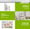 Collage of images showing a children's bookshelf with animal decorations, text highlighting features, and a separate image of animal stickers. Podgląd zdjęcia produktu
