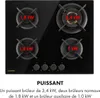 A black gas stovetop with four burners, each labeled with its power output in red text. Podgląd zdjęcia produktu