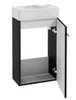 A black and white bathroom cabinet with a white sink on top, shown with one door open. Náhled obrázku produktu