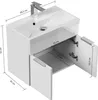 A white bathroom vanity with a sink and faucet, shown with dimensions indicated by lines and text. Produktbild-Vorschau