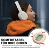 A woman wearing white headphones, with a close-up inset of the headphone earcups. Produktbild-Vorschau