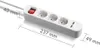 A white power strip with three outlets and two USB ports, shown with dimensions indicated by measurement lines and text. Produktbild-Vorschau