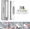 A collage showing a foil dispenser, its dimensions, and a step-by-step guide on how to use it. Produktbild-Vorschau