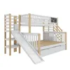 A white and natural wood bunk bed with a slide, stairs, and drawers, set against a white background. Náhled obrázku produktu