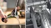 A split image showing an immersion blender being rinsed under a faucet on the left, and the same blender placed inside a dishwasher rack on the right. Produktbild-Vorschau
