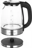 A glass electric kettle with a black handle and silver base is shown with its power base separately. Voir les images du produit