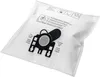 A white vacuum cleaner bag with a black plastic attachment and instructions printed on it. Produktbild-Vorschau
