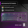 A gaming keyboard with RGB lighting and battery information. Produktbild-Vorschau