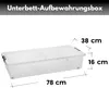 A transparent storage box with dimensions indicated by lines and text. Produktbild-Vorschau