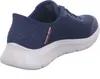 A close-up side view of a blue Skechers slip-on sneaker with a white sole. Anteprima dell’immagine prodotto