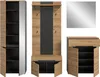 A set of modular furniture pieces for an entryway, including a tall cabinet with a mirror, a central hall tree with hooks and storage, and a shoe cabinet with a drawer. Produktbild-Vorschau