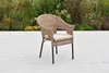 A single wicker chair with a cushion sits on a paved patio with a garden in the background. Produktbild-Vorschau