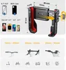 Collage showing a bike phone holder, its dimensions, and compatibility with different handlebars and vehicles. Produktbild-Vorschau