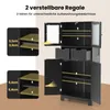 A black cabinet with open doors and drawers, showing adjustable shelves and dimensions. Náhled obrázku produktu