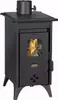 A black wood-burning stove with a glass door showing flames and burning wood. Produktbild-Vorschau