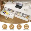 A white desk with open drawers filled with office supplies, stationery, and books. Icons representing documents, stationery, books, and office supplies are displayed below. Produktbild-Vorschau